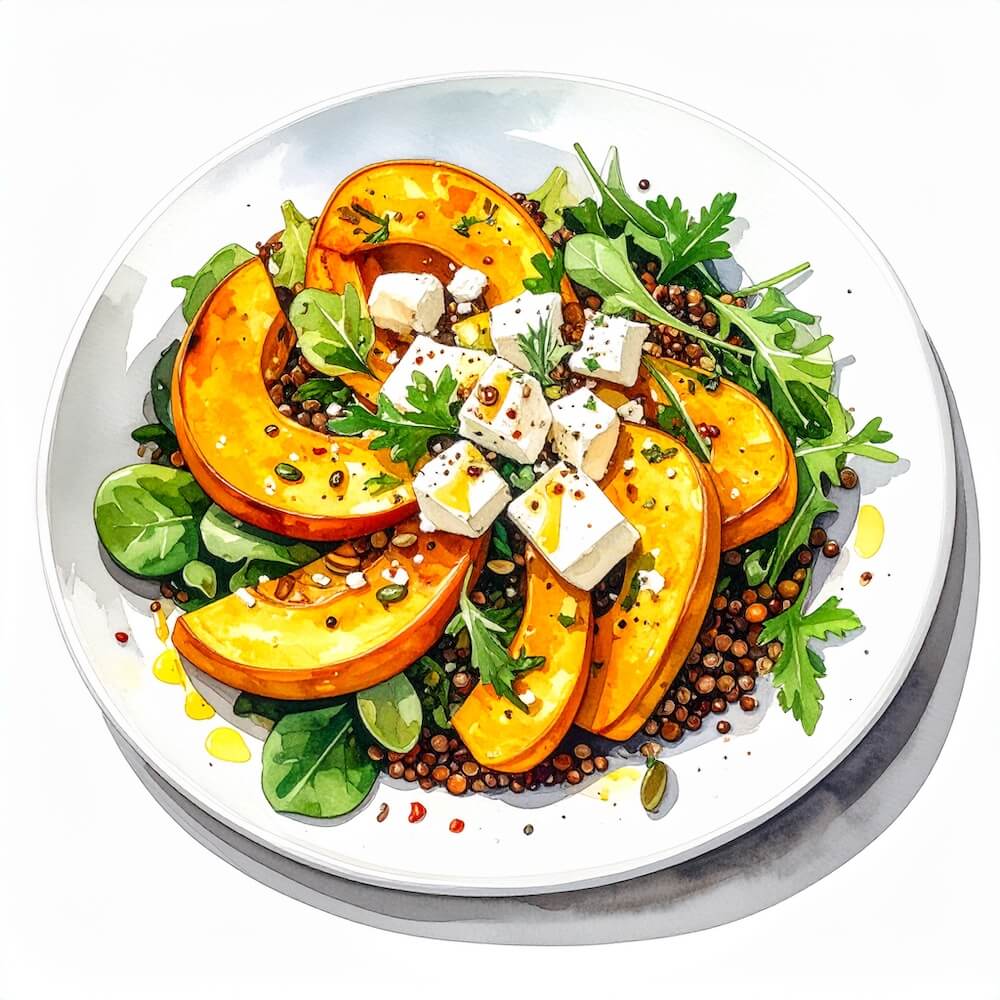 Summer squash and lentil salad with crumbled feta and toasted seeds (gf)