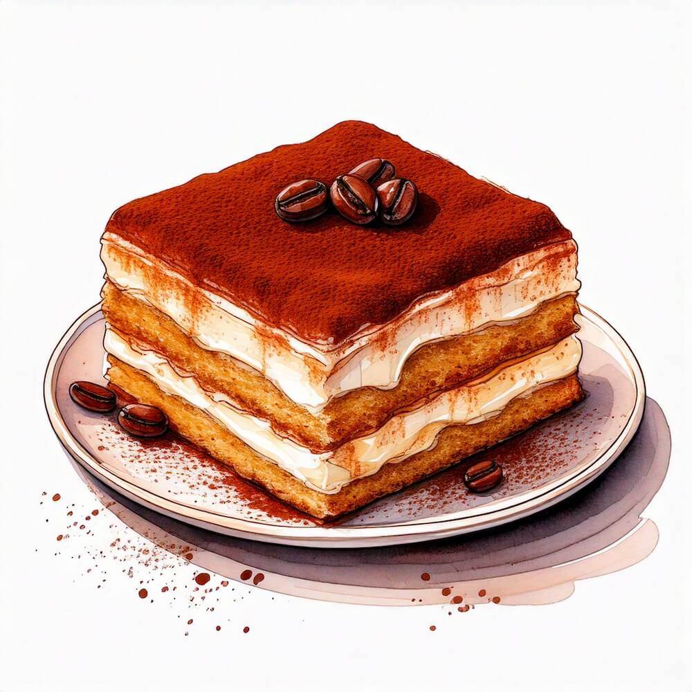 Watercolour sketch of a slice of tiramisu