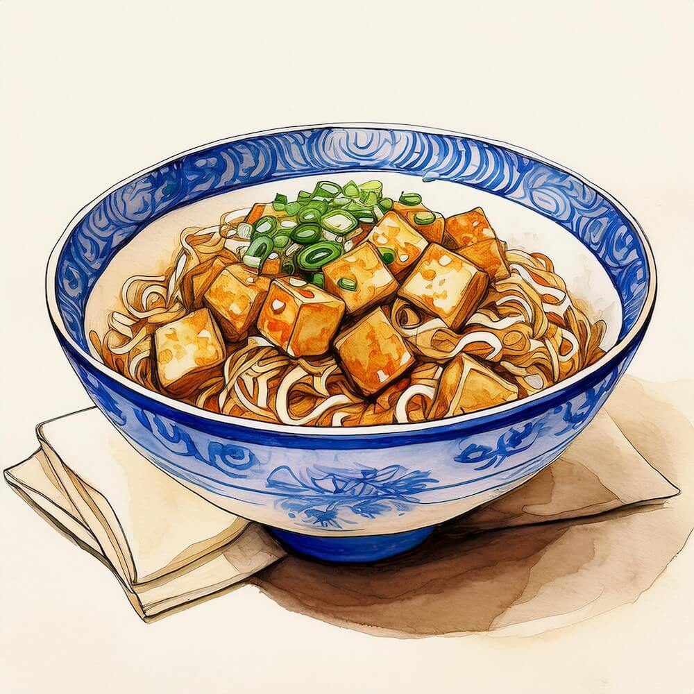 Watercolour sketch of a bowl of tofu satay with sesame rice noodles, asian greens and spring onions
