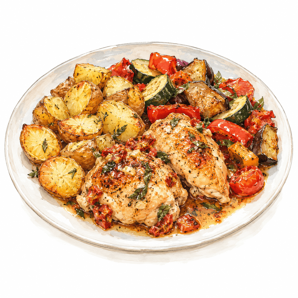 Tuscan chicken with herbed potatoes and mediterranean vegetables (gf)