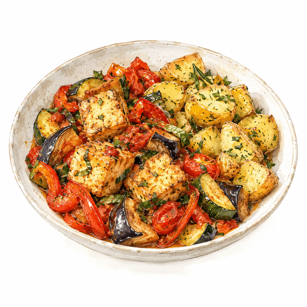 Tuscan tofu with herbed potatoes and mediterranean vegetables (v) (gf)