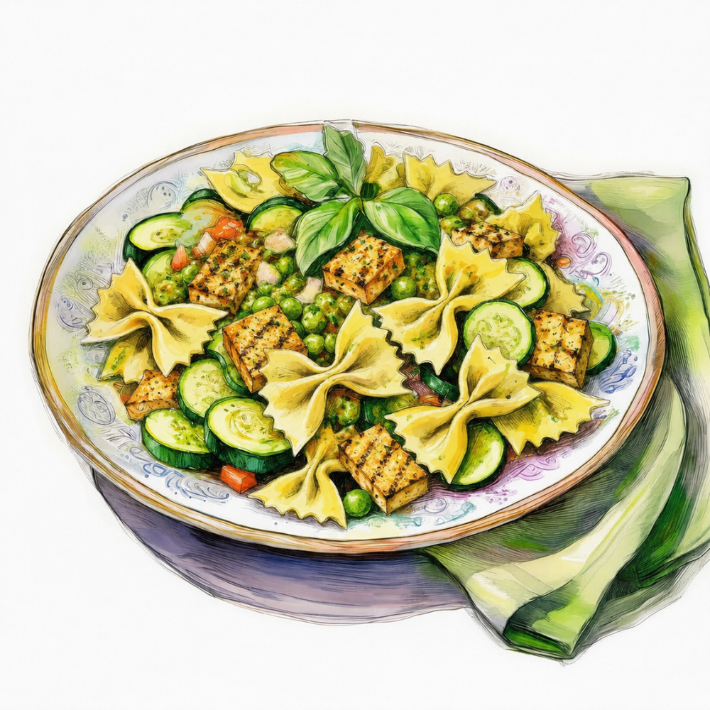 Pesto tofu salad with farfalle and summer vegetables (v)