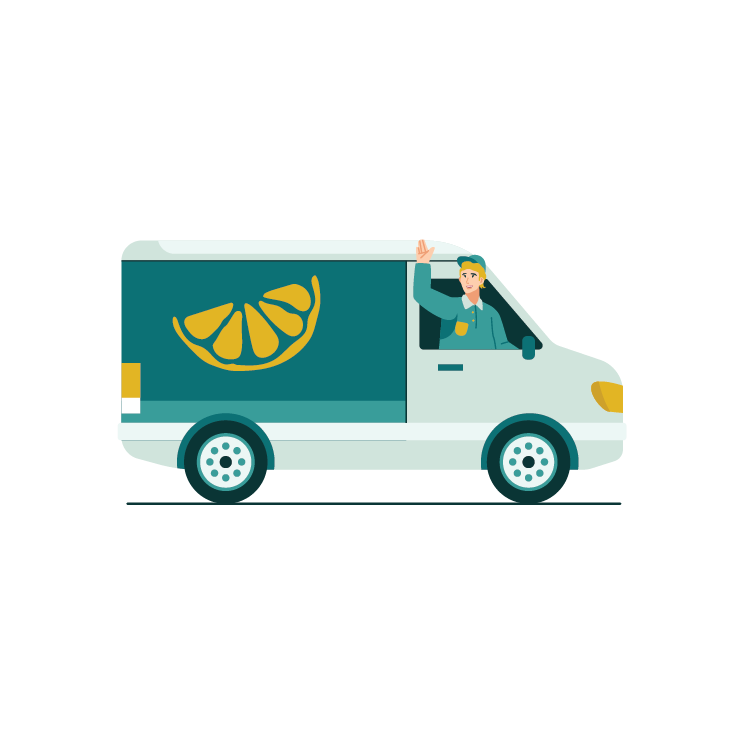 Black and white icon of a food delivery truck on its way to delivery meals