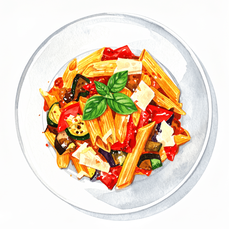 Roast vegetable and pepper penne topped with parmesan (v)