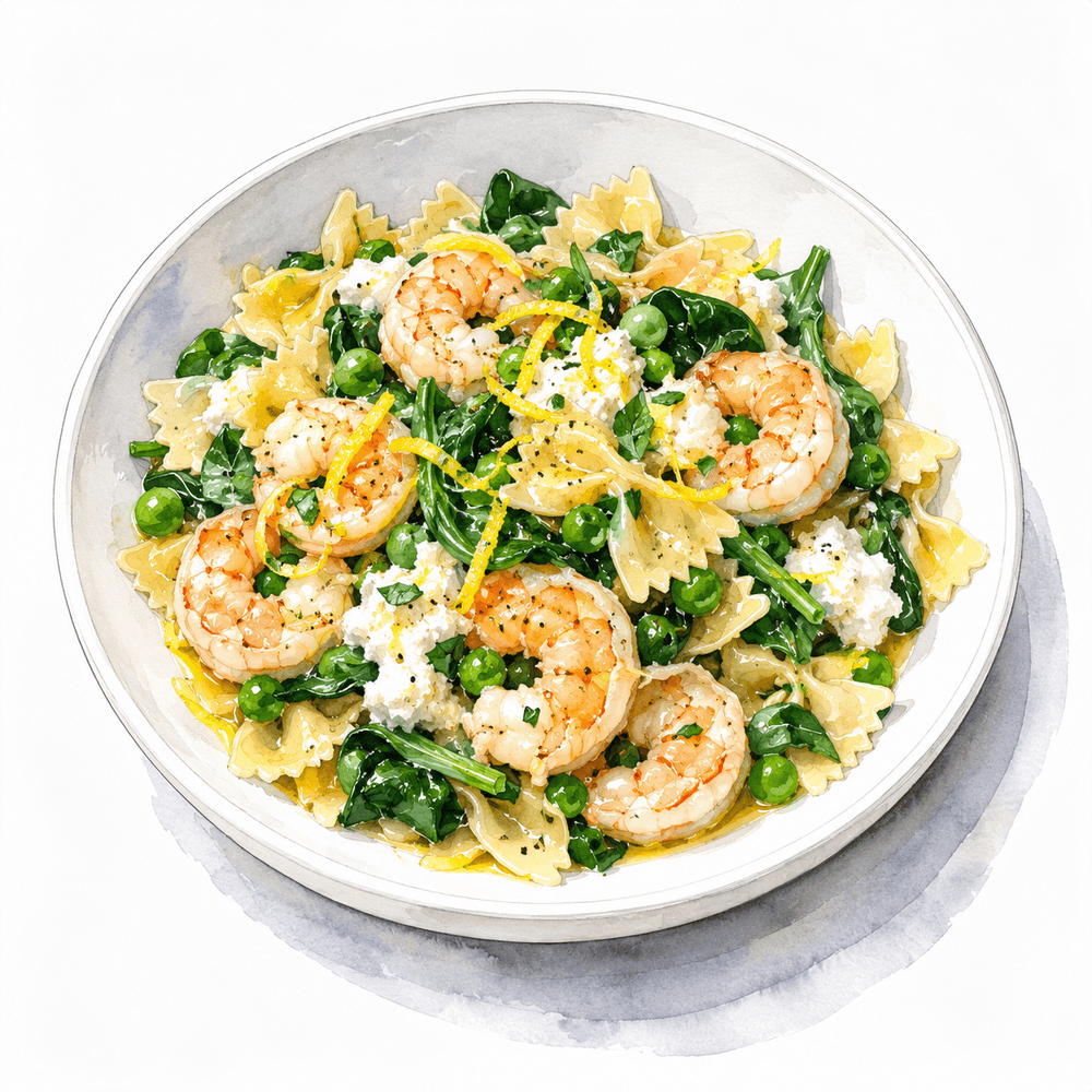 Lemon prawns and pea farfalle with spinach and ricotta