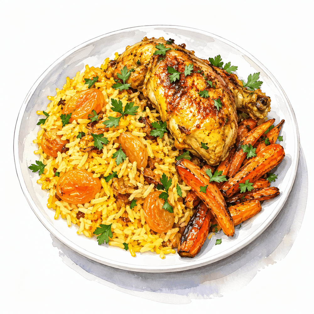 Persian-style chicken with turmeric rice, apricots and roasted carrots