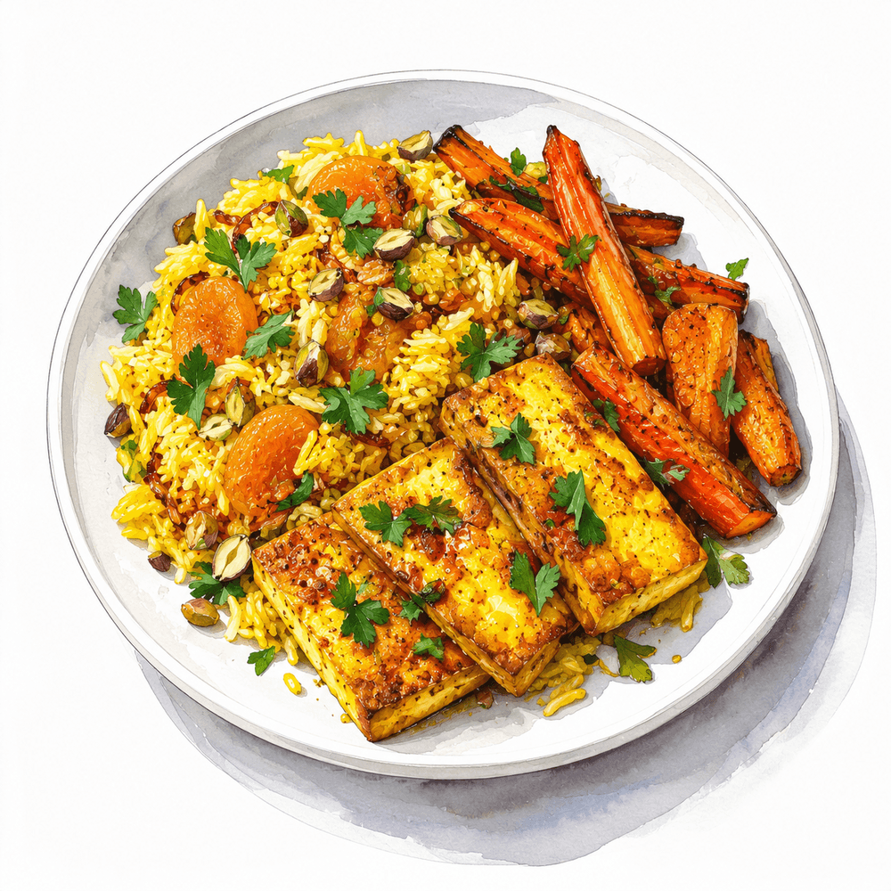 Persian-style tofu with turmeric rice, apricots and roasted carrots (v) (gf)