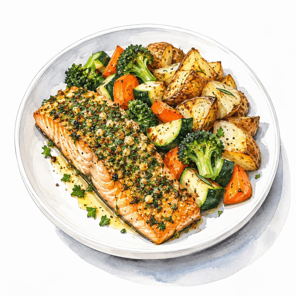 Herb crusted salmon with homestyle potatoes and mixed vegetables