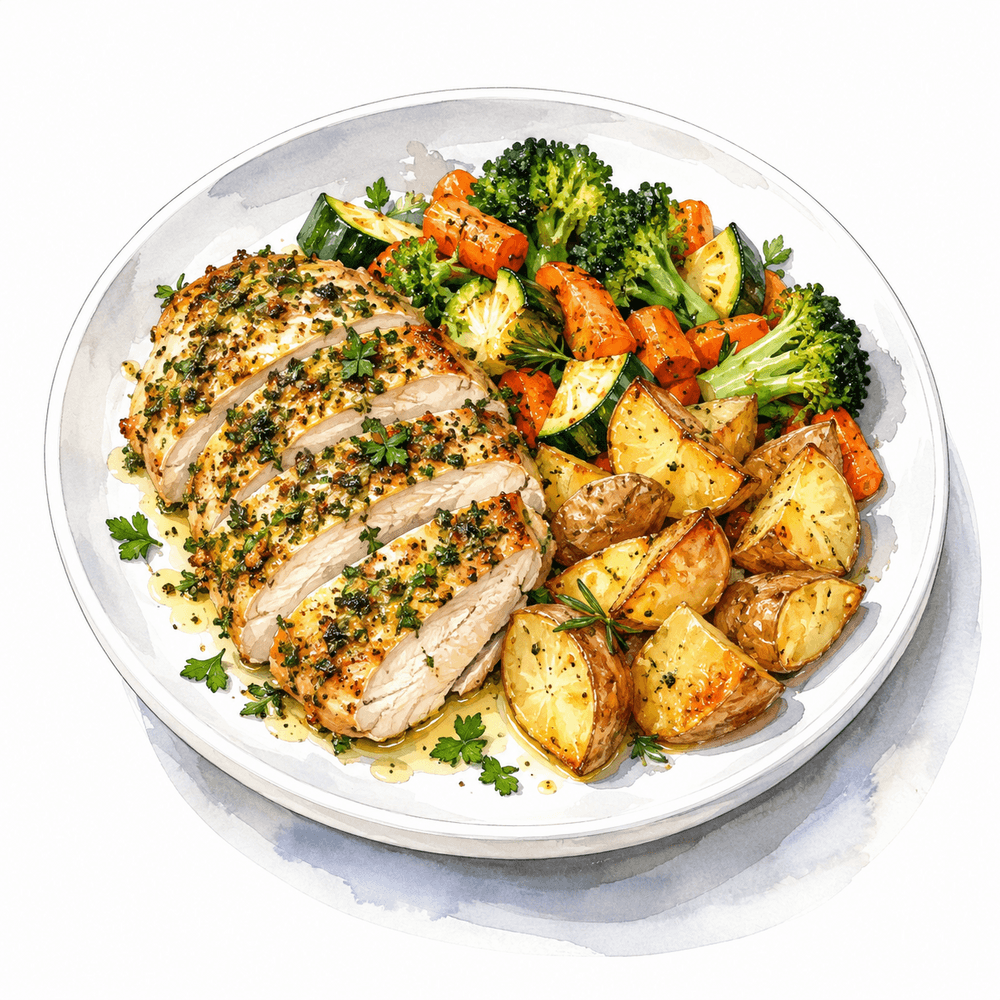 Herb crusted chicken breast with homestyle potatoes and mixed vegetables (gf)