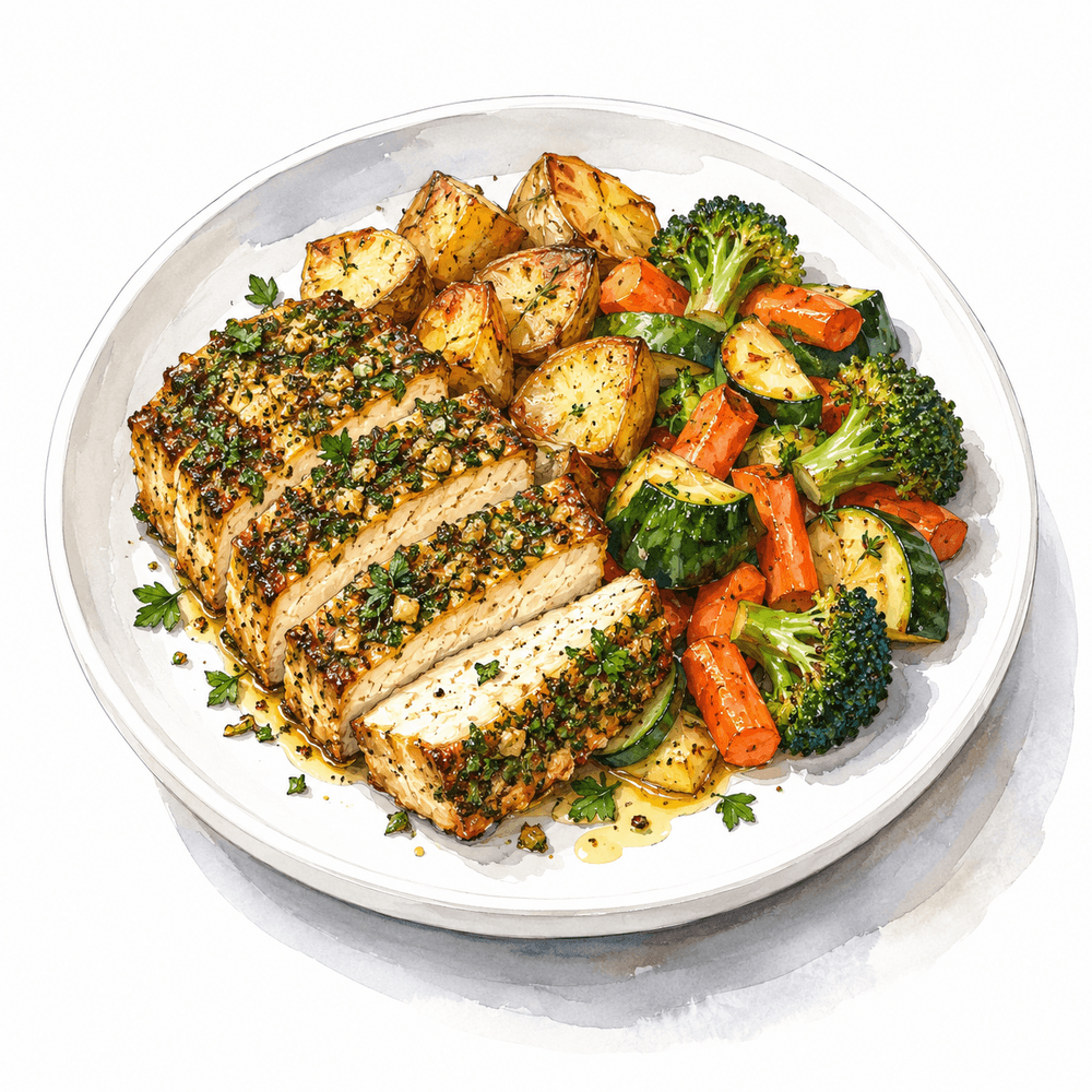 Herb crusted tofu with homestyle potatoes and mixed vegetables (v) (gf)