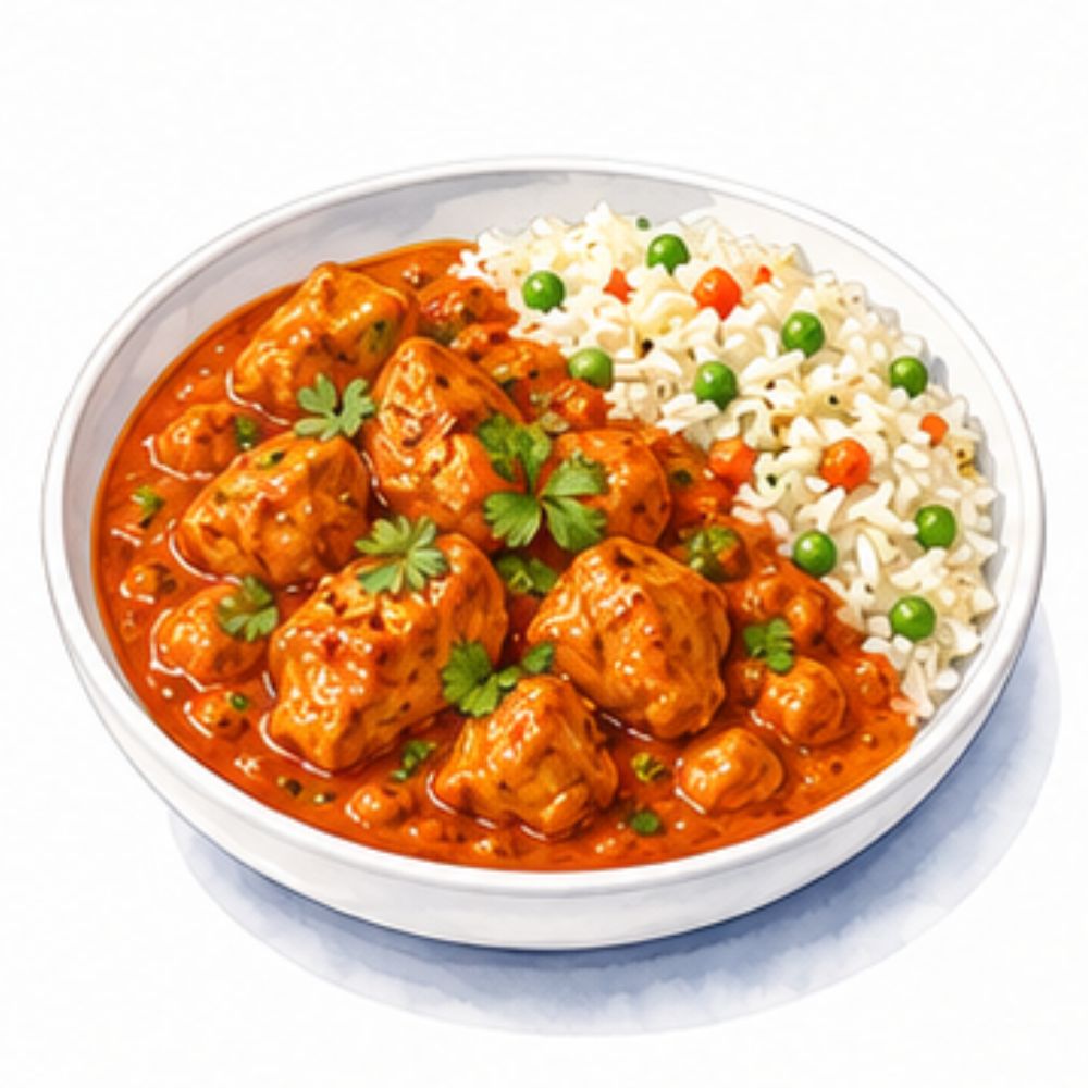 Chicken tikka masala in a rich, aromatic tomato sauce with fragrant vegetable pilau rice (gf)