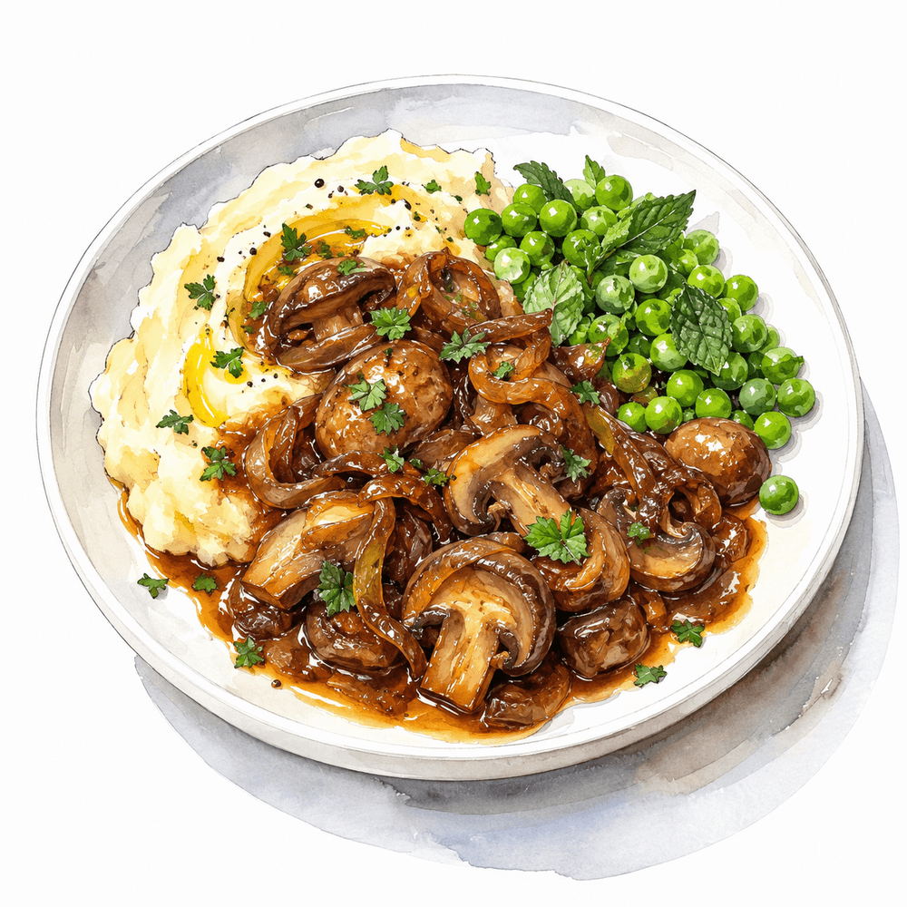 Slow braised mushrooms with caramelised onions, olive oil mash and minted peas