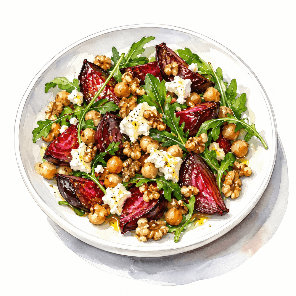 Roasted beetroot, chickpea and goat’s cheese salad with rocket and toasted walnuts