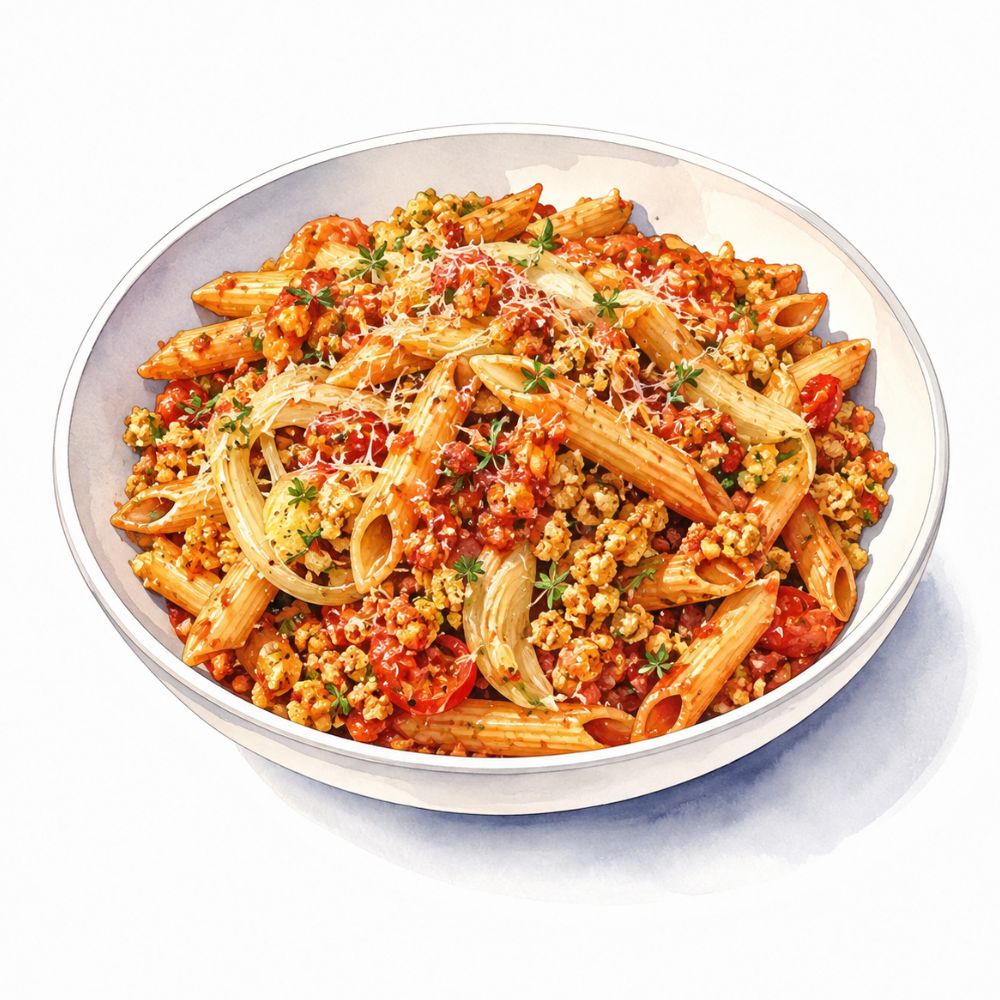 Tuscan sausage, fennel and tomato penne topped with parmesan