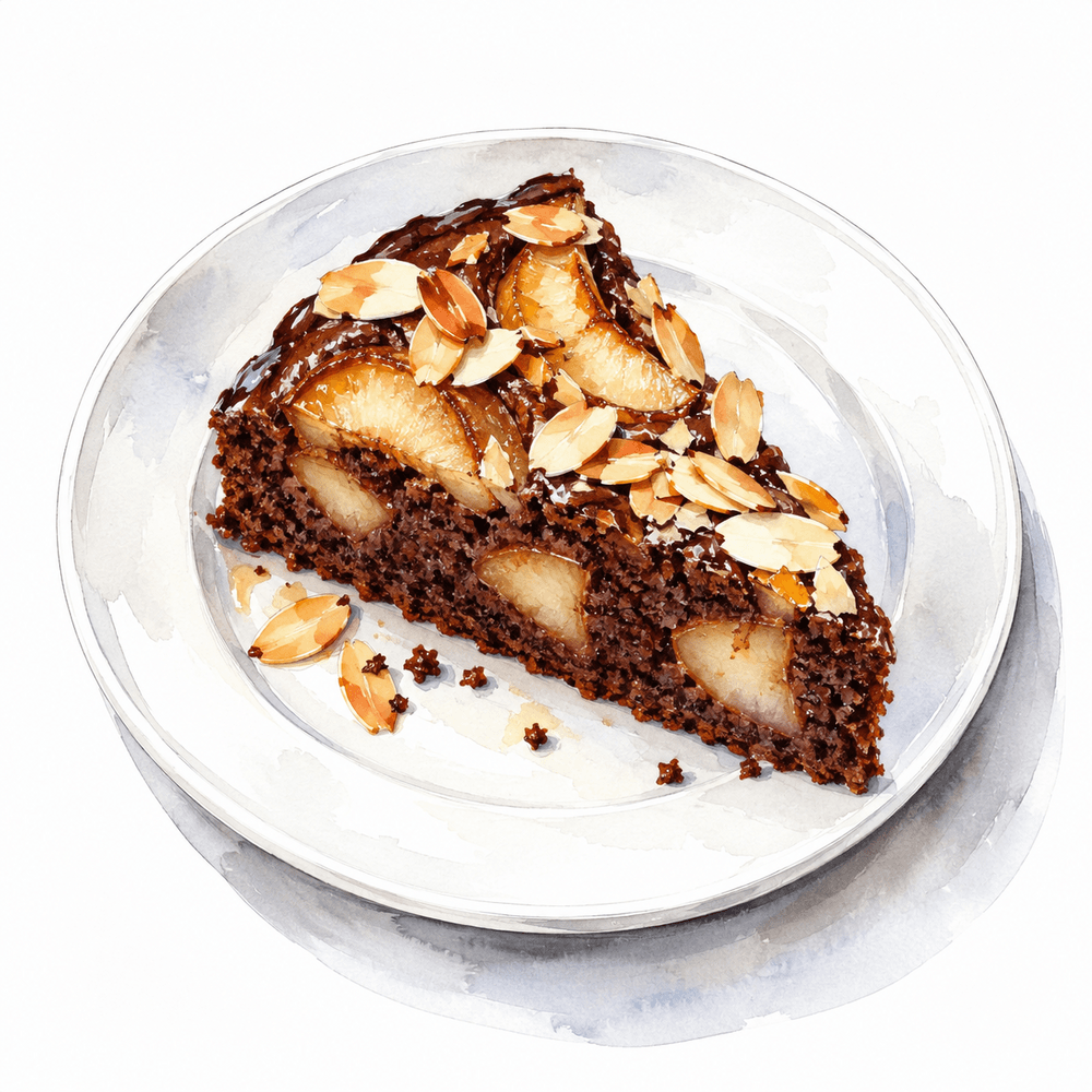 Chocolate and pear cake with flaked almonds (v)