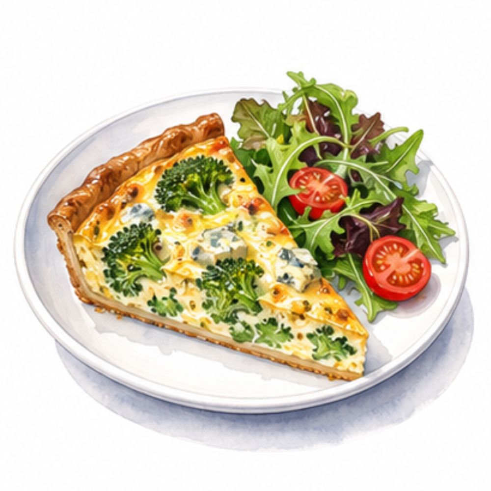 Broccoli and blue cheese quiche with mixed leaves and cherry tomatoes (v)