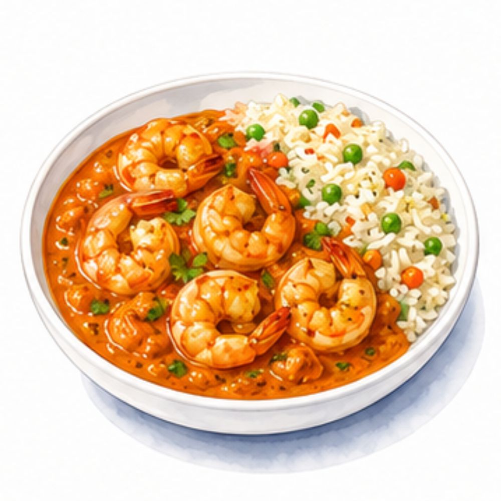 Prawn tikka masala in a rich, aromatic tomato sauce with fragrant vegetable pilau rice (gf)