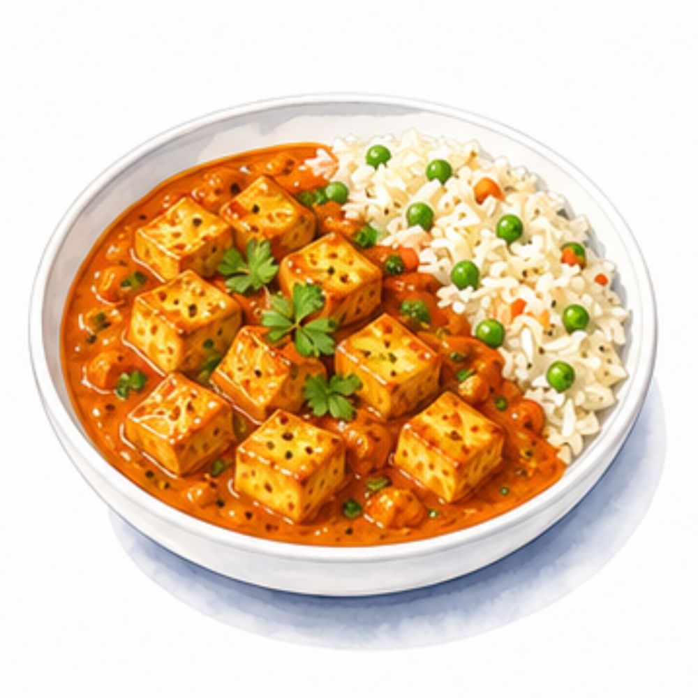 Tofu tikka masala in a rich, aromatic tomato sauce with fragrant vegetable pilau rice (v) (gf)