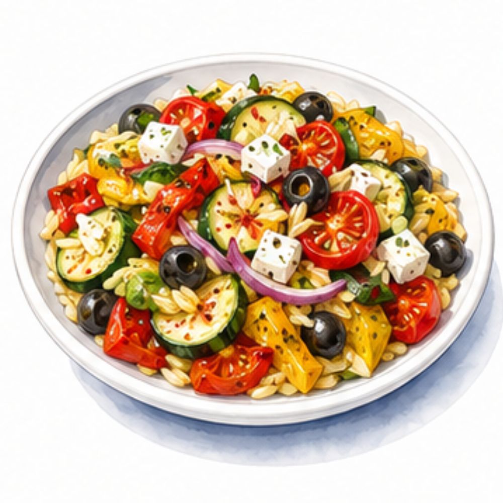 Mediterranean roast vegetable and orzo salad with feta, olives and lemon dressing (v)