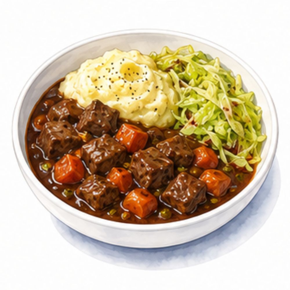 Slow cooked beef stew with sauteed cabbage and buttery mashed potatoes