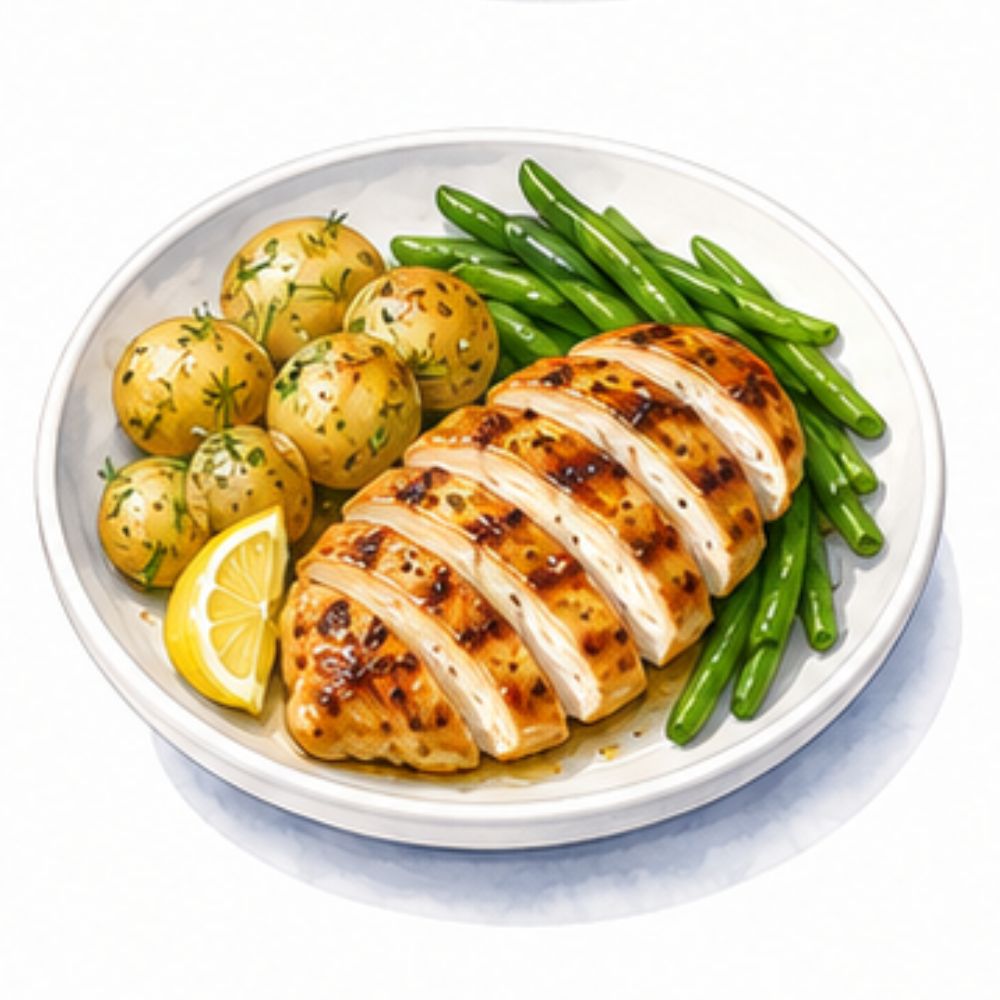 Dijon roast chicken breast with lemon and dill new potatoes and steamed green beans