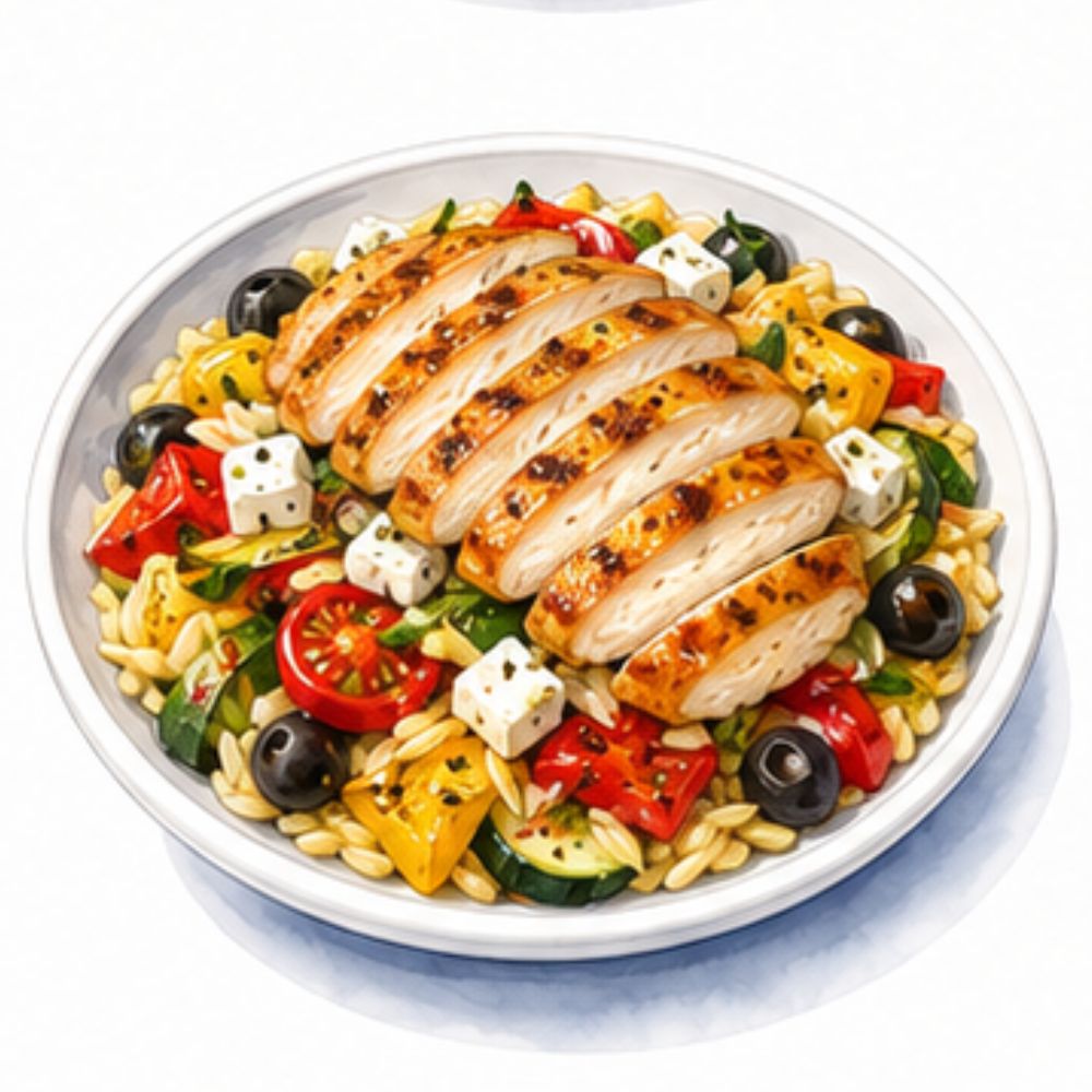 Mediterranean roast vegetable and orzo salad with grilled chicken, feta, olives and lemon dressing