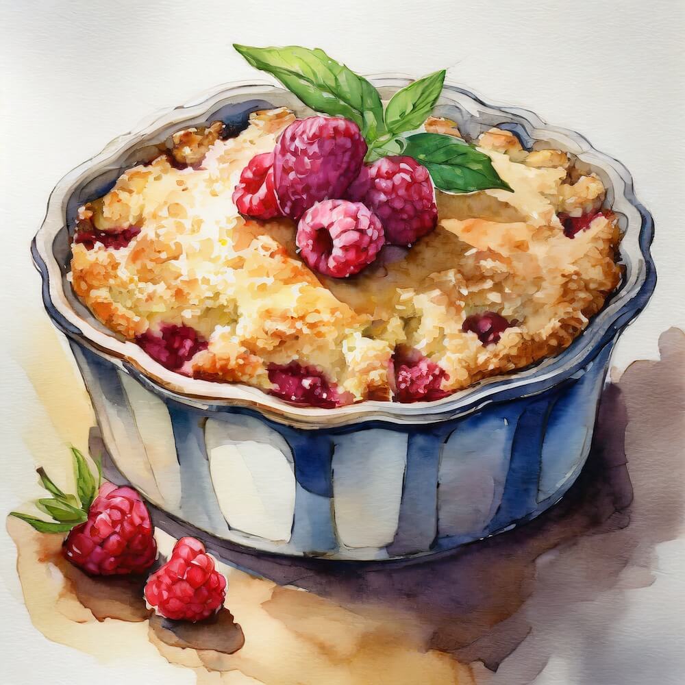 Watercolour sketch of an apple and raspberry crumble with raspberries on top