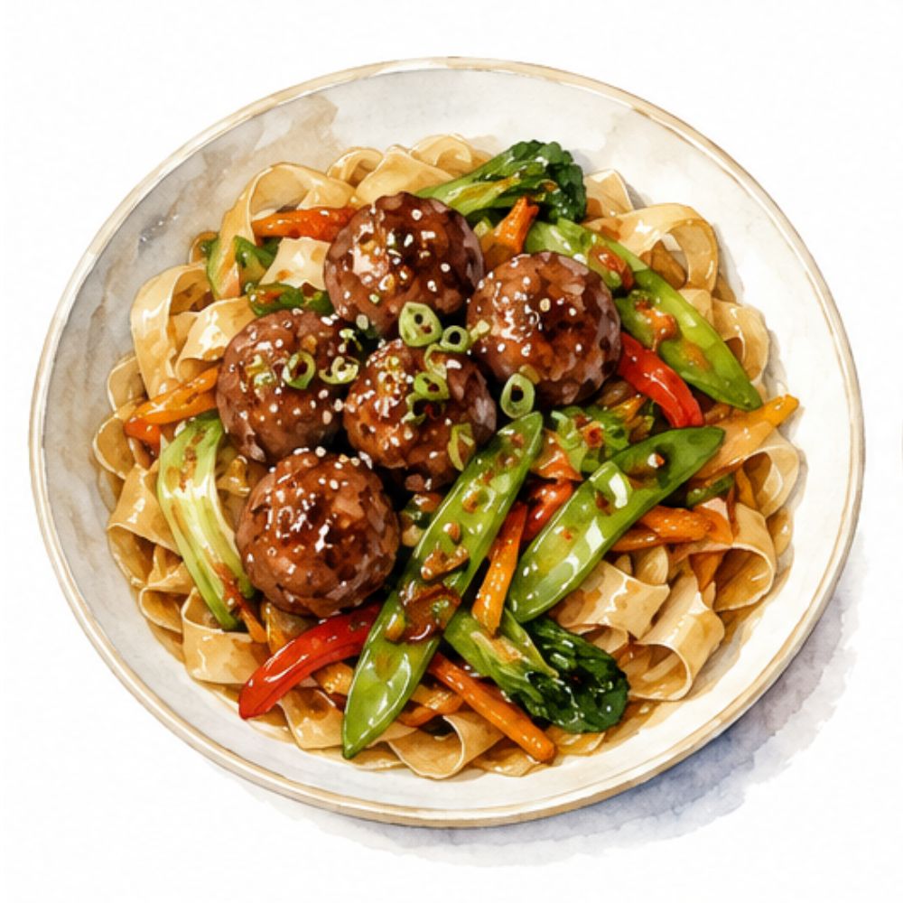 Asian pork meatballs with rice noodles and soy sauteed vegetables (gf)
