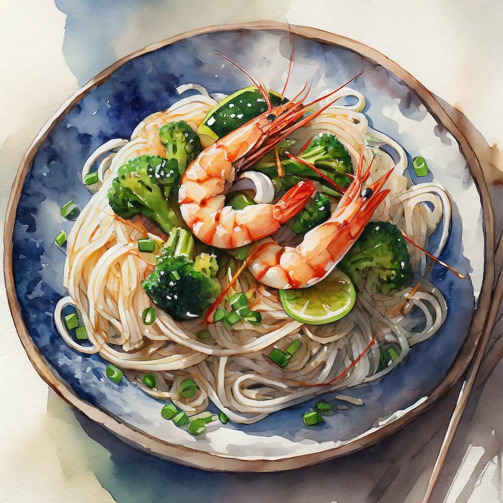 Watercolour sketch of a blue bowl containing Asian prawns on top of rice noodles with sautéed broccoli and courgette.