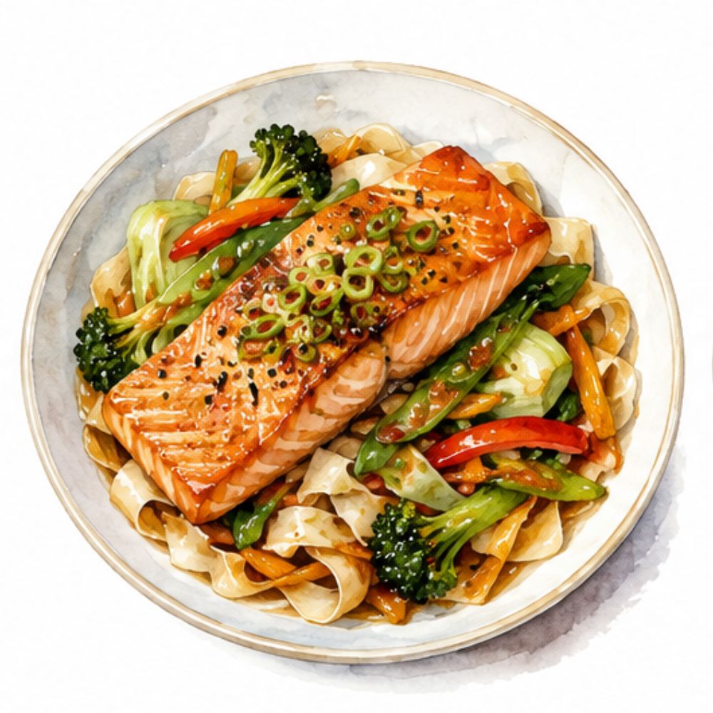 A watercolor-style illustration of a plated salmon noodle dish with broccoli, red peppers, green beans, and sliced green onions on a white plate against a white background.