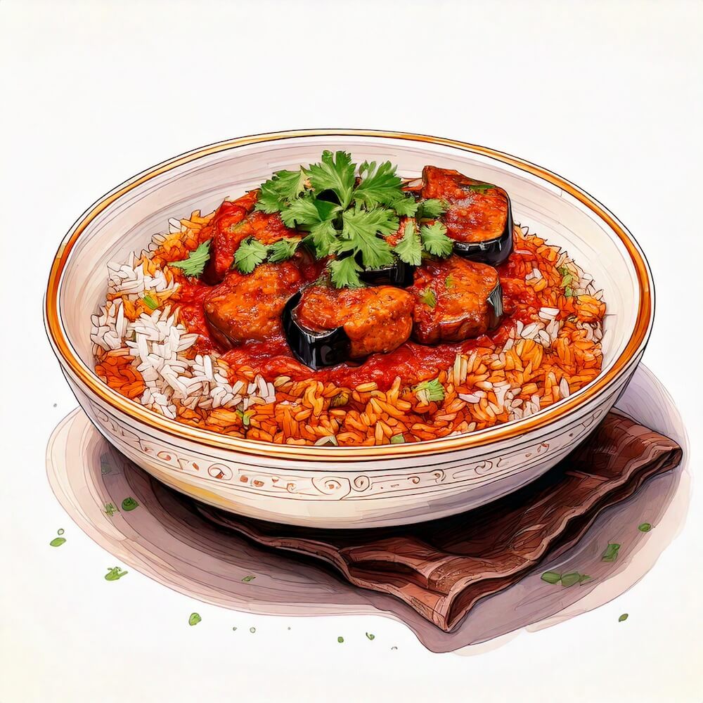 Watercolour sketch of a plate of aubergine tikka masala with pilau rice