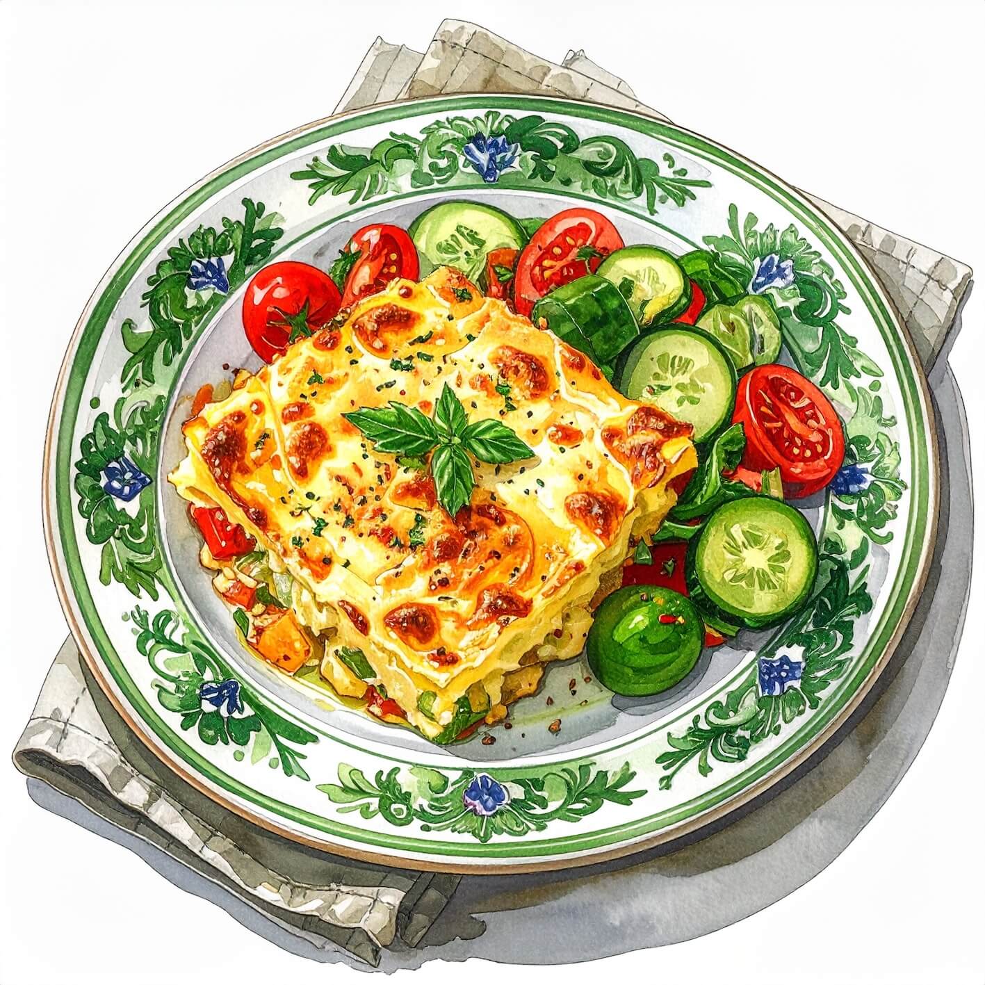 Watercolour sketch of a plate of bacalhau com natas (cod with cream) with Algarvian salad