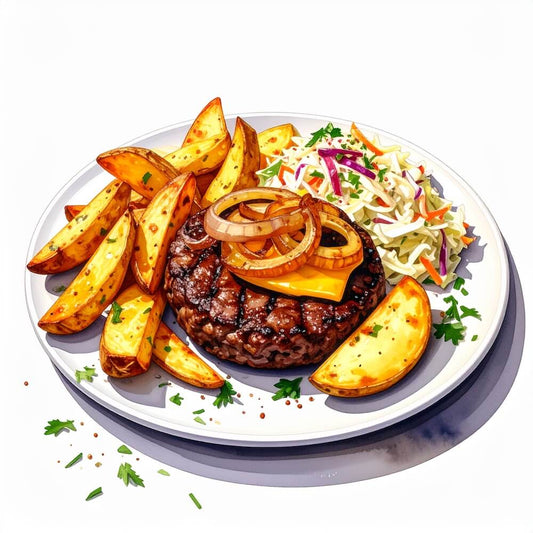 Beef burger with cheese and caramelised onions, homestyle wedges and house slaw (gf)