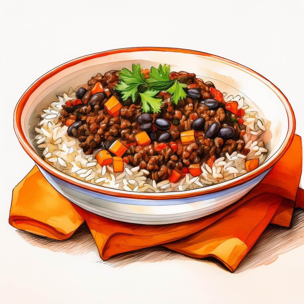 Watercolour sketch of a black bean and beef chilli bowl with charred vegetables and herbed rice