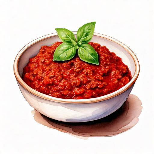 Watercolour sketch of a bowl of beef and red wine bolognese sauce
