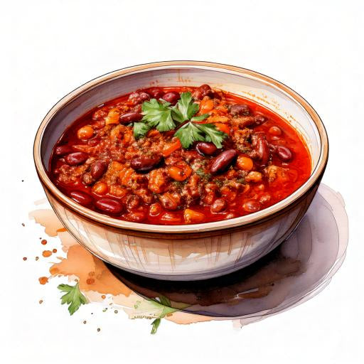 Watercolour sketch of a bowl of rich beef chilli con carne with kidney beans