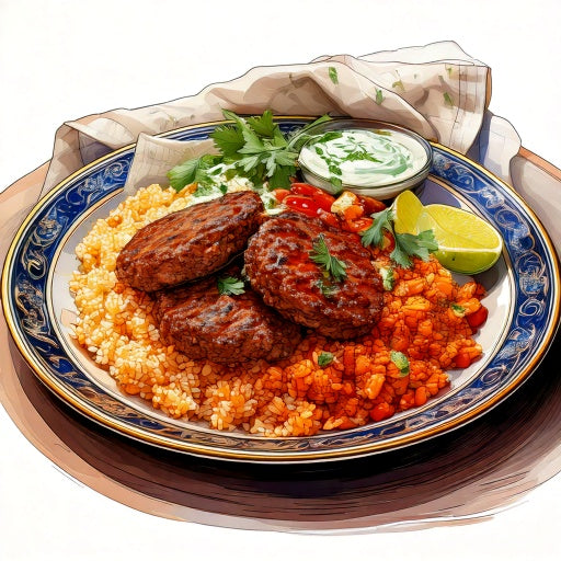 Watercolour sketch of a plate of Greek beef kofta with roast vegetable couscous and tzatziki