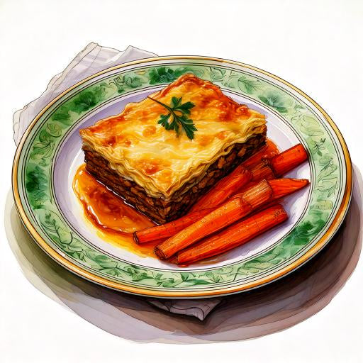 Watercolour sketch of a plate of beef moussaka with olive oil and oregano roasted carrots