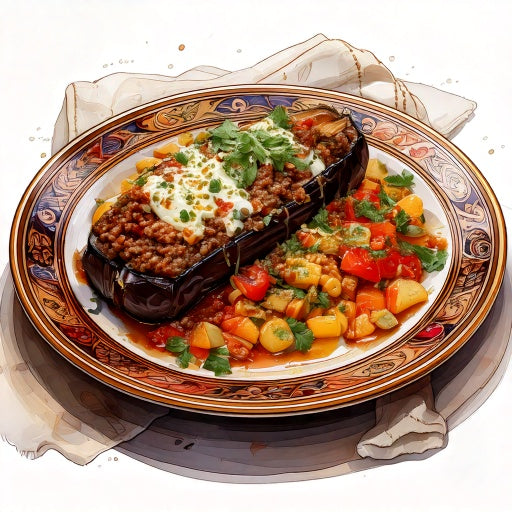 Watercolour sketch of a plate of Lebanese beef stuffed aubergine with chickpea vegetable medley and a tahini yoghurt