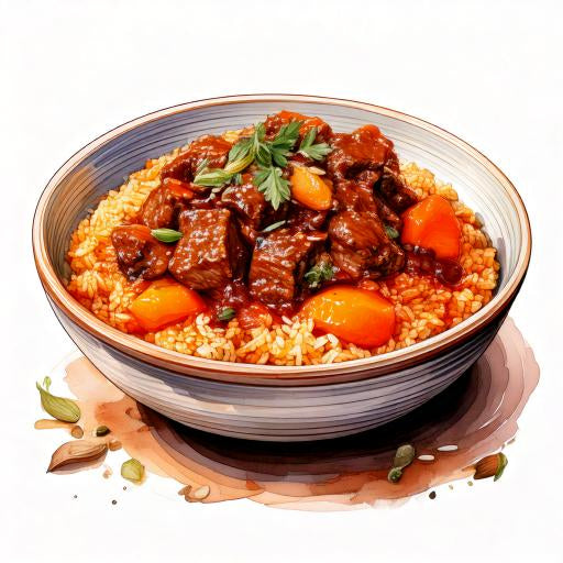 Watercolour sketch of a plate of beef and green olive tagine with apricot couscous and toasted almonds