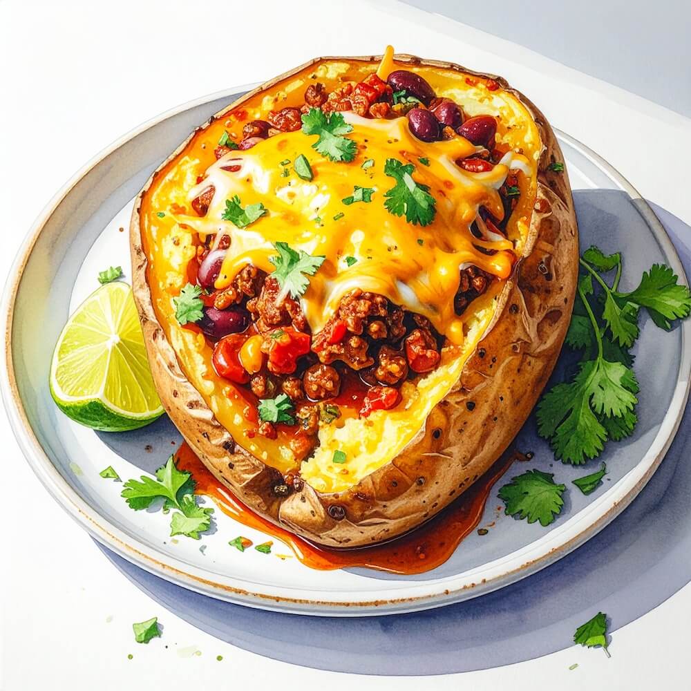 Jacket potato with Mexican beef chilli and mature cheddar cheese (gf)