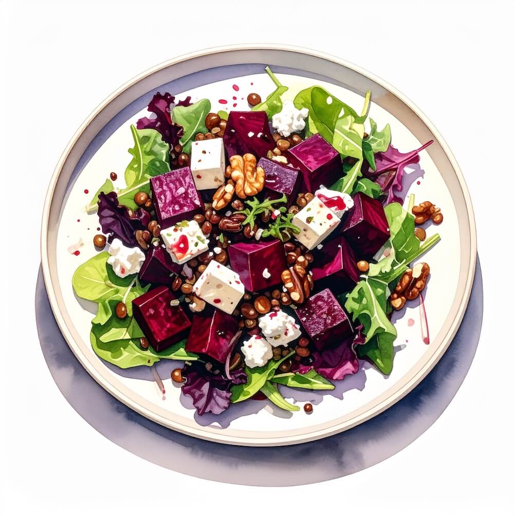 Roast beetroot and lentil salad with goats cheese, walnuts and mixed leaves (v) (gf)