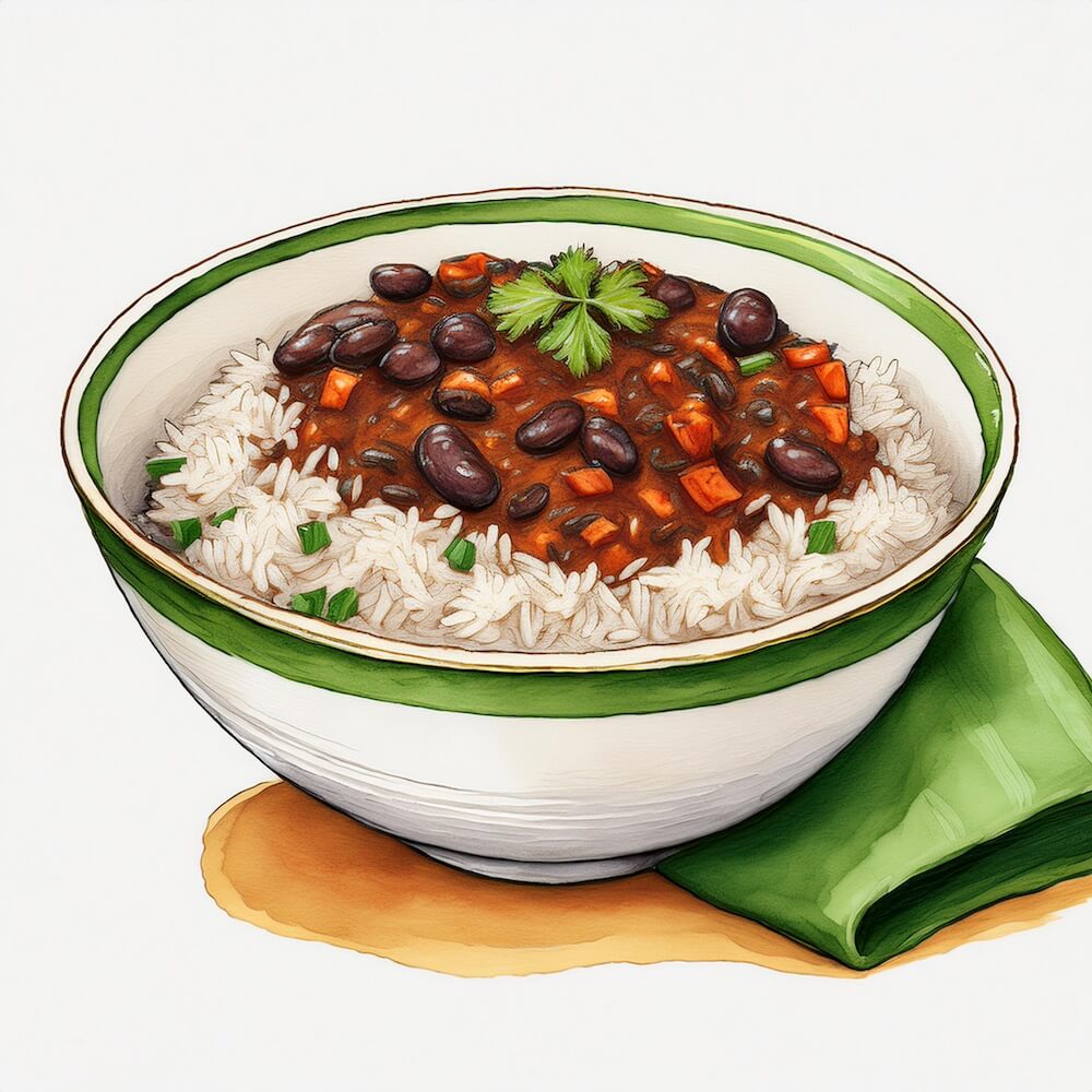 Watercolour sketch of a black bean chilli bowl with charred vegetables and herbed rice