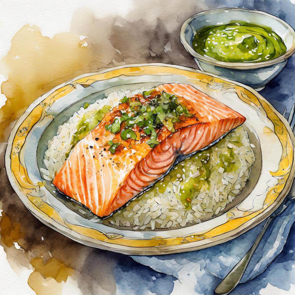 Watercolour sketch of a yellow and white plate with a bowl of salsa verde to the side. The plate contains a cajun salmon fillet on top of cabbage fried rice