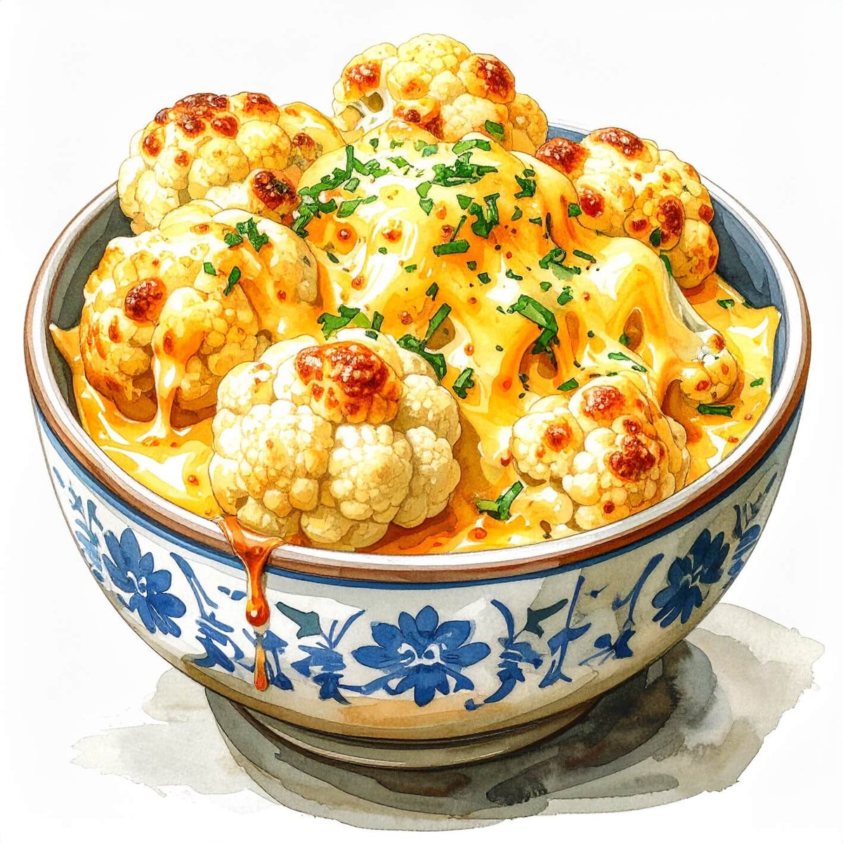 Watercolour sketch of a bowl of cauliflower cheese