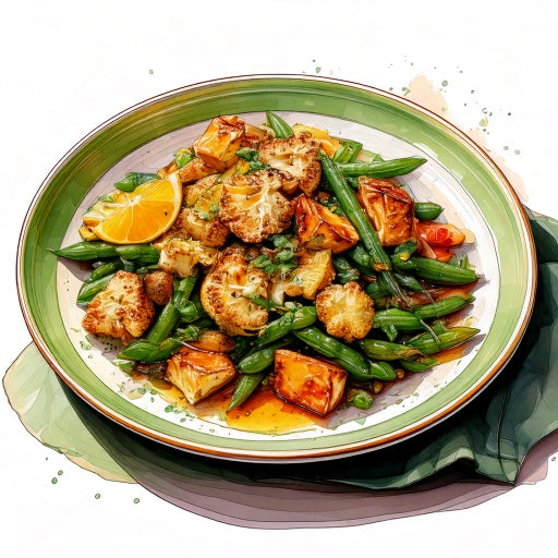 Watercolour sketch of a plate of cumin roast cauliflower salad with green beans, halloumi and a citrus dressing