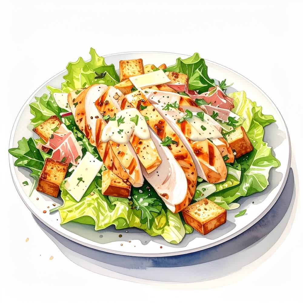 Grilled chicken caesar salad with crispy proscuitto and classic parmesan dressing