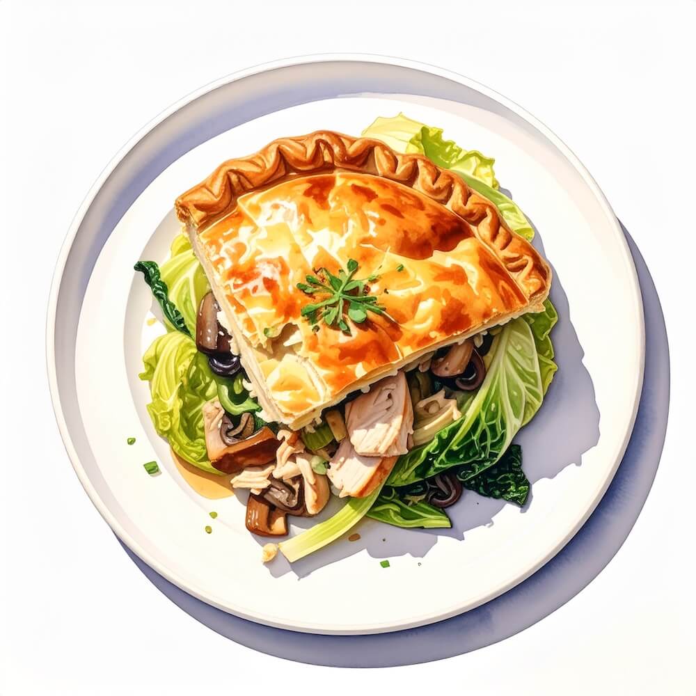Chicken leek and mushroom pie with sautéed savoy cabbage