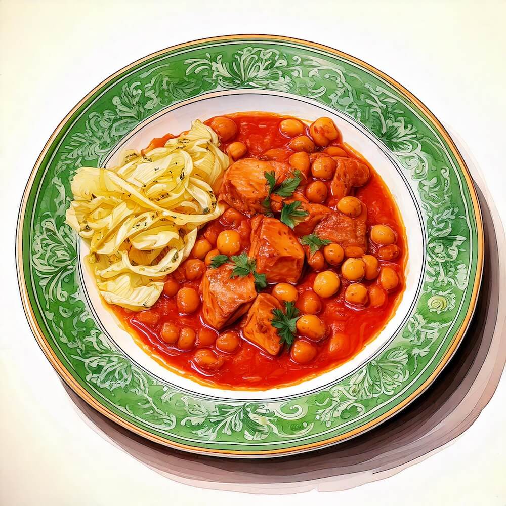 Watercolour sketch of a plate of chicken and chorizo stew with chickpeas and braised cabbage