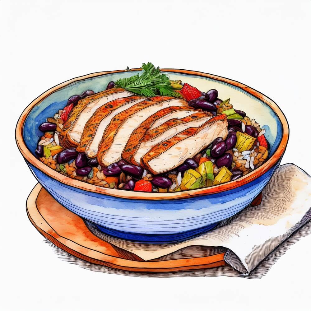 Watercolour sketch of a black bean and chicken chilli bowl with charred vegetables and herbed rice